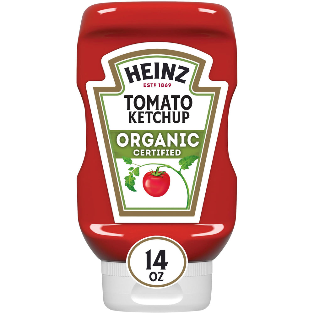 HEINZ Organic Tomato Ketchup bottle top with flip cap for clean pouring