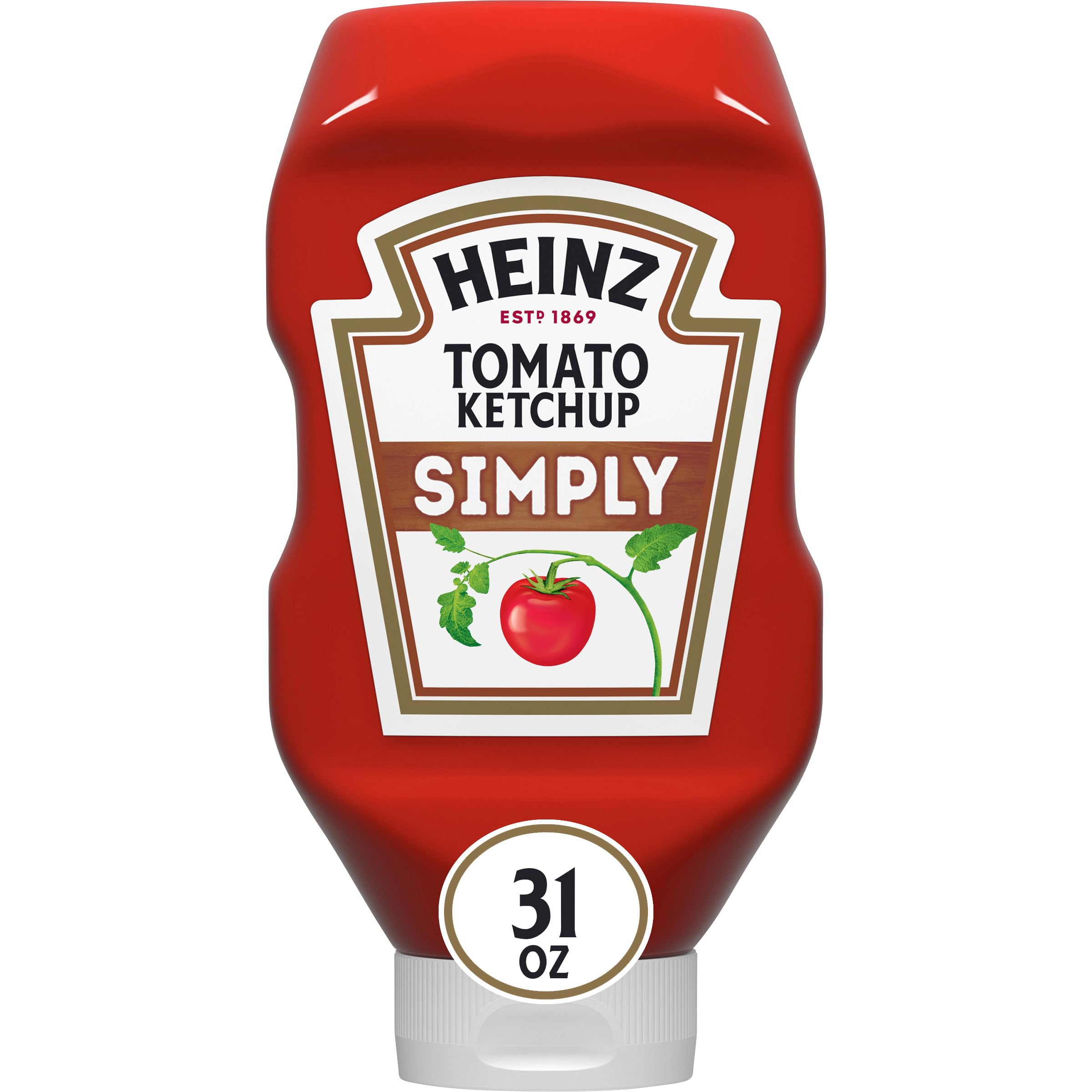 Heinz Simply Tomato Ketchup bottle pouring on burgers and fries for a classic flavor