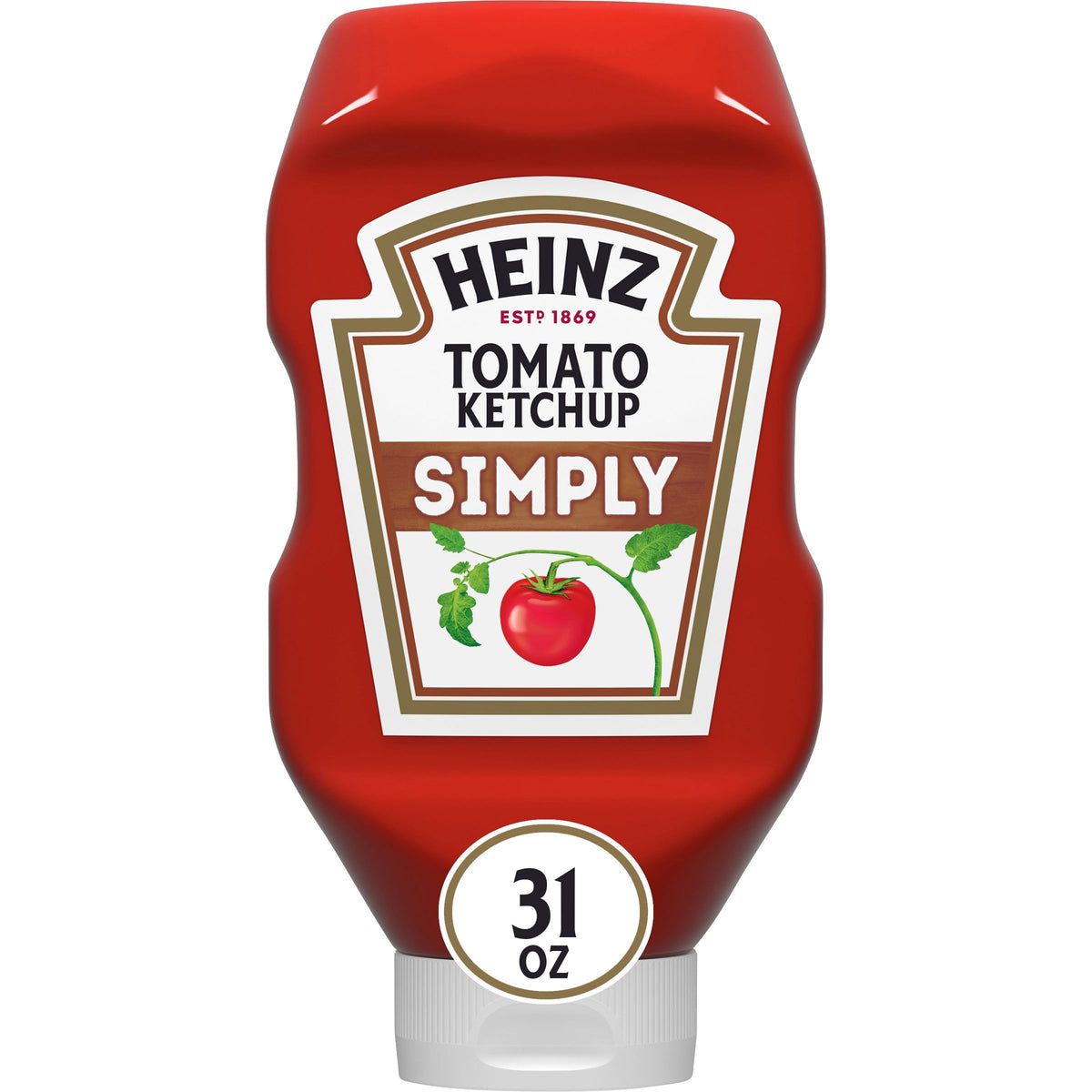 Heinz Simply Tomato Ketchup bottle pouring on burgers and fries for a classic flavor