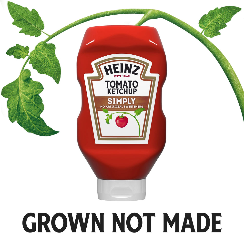 Upside-down Heinz Simply Tomato Ketchup bottle for easy squeezing