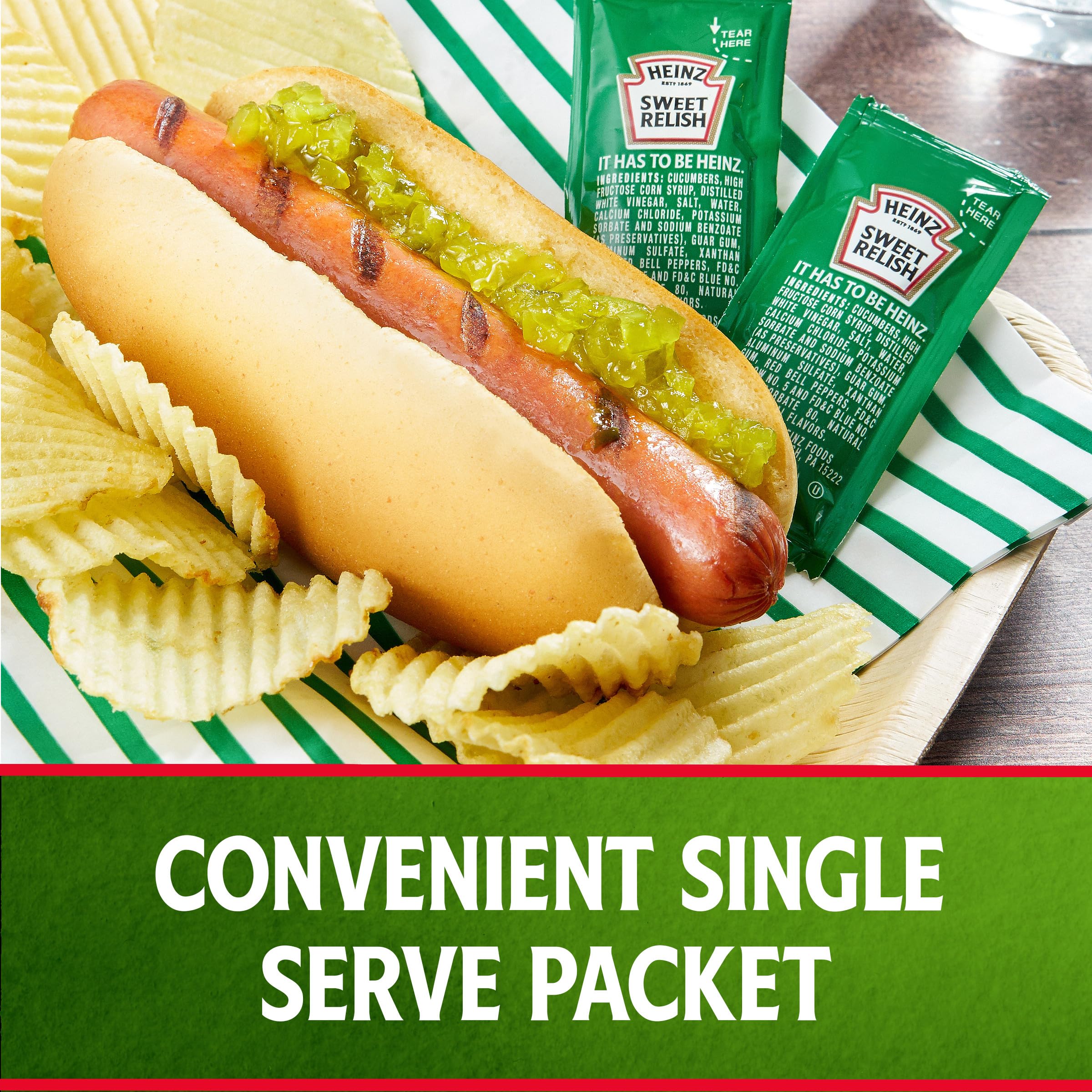 Hot dogs at a grill with Heinz Relish 9 g packet.