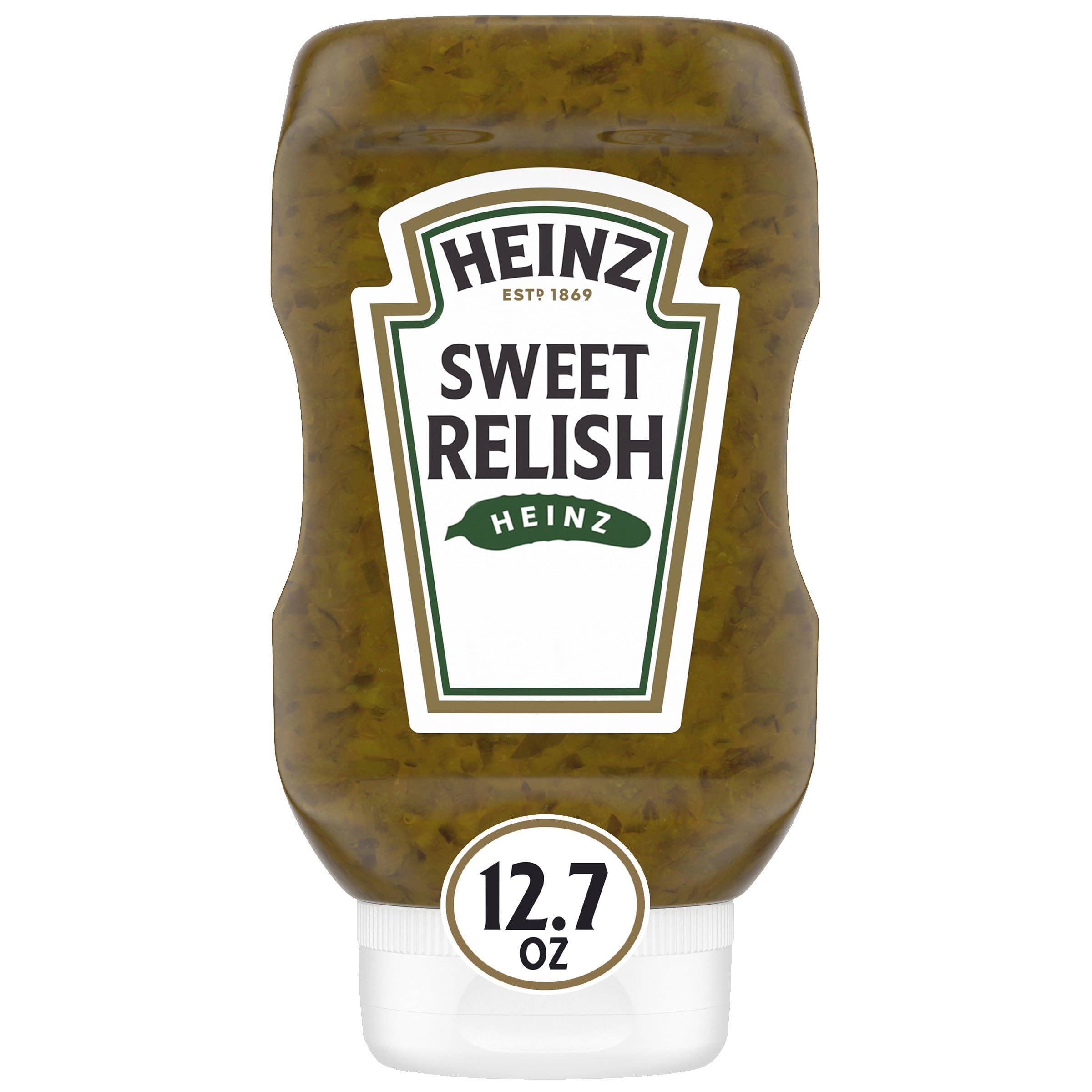 Heinz Sweet Relish bottle cap close-up, ideal topping for hot dogs and burgers.