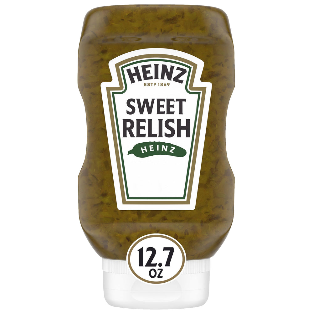 Heinz Sweet Relish bottle cap close-up, ideal topping for hot dogs and burgers.