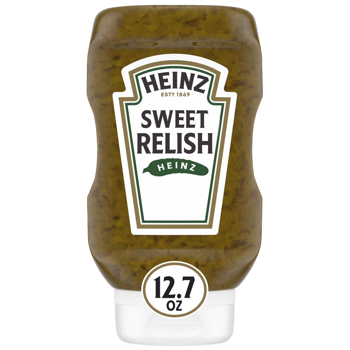 Heinz Sweet Relish bottle cap close-up, ideal topping for hot dogs and burgers.