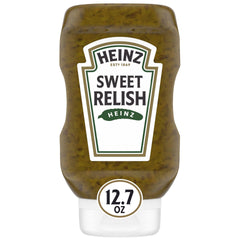 Heinz Sweet Relish bottle cap close-up, ideal topping for hot dogs and burgers.