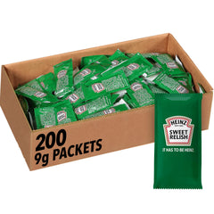 Heinz Sweet Relish single-serve 9 g packet beside burgers for easy topping.