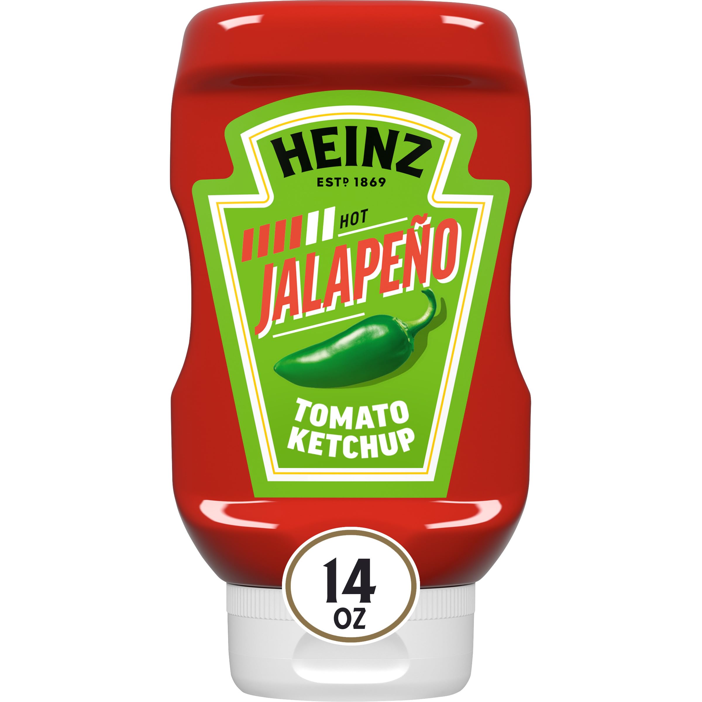 Heinz Tomato Ketchup Blended With Jalapeno bottle front, ready to upgrade burgers with bold heat.