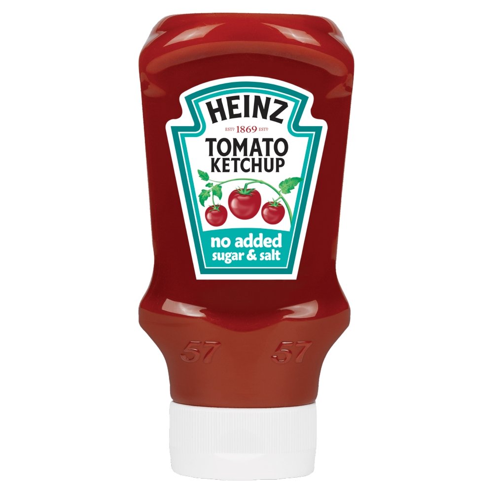HEINZ Tomato Ketchup No Added Sugar and Salt bottle on table, balanced flavor.