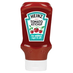 HEINZ Tomato Ketchup No Added Sugar and Salt bottle on table, balanced flavor.