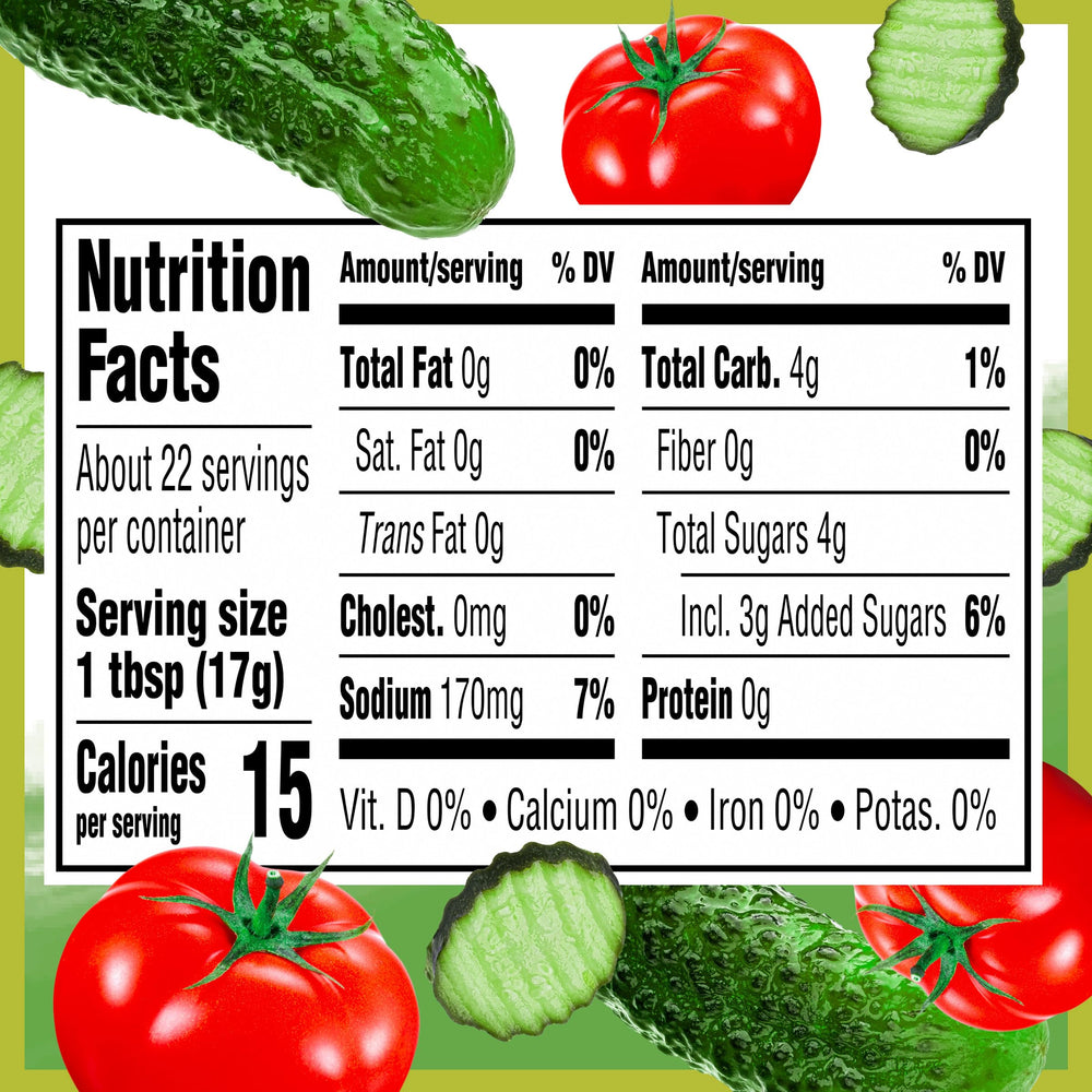 Heinz Tomato Ketchup with Pickle Seasoning label closeup emphasizes dill and cucumber notes for savoriness.