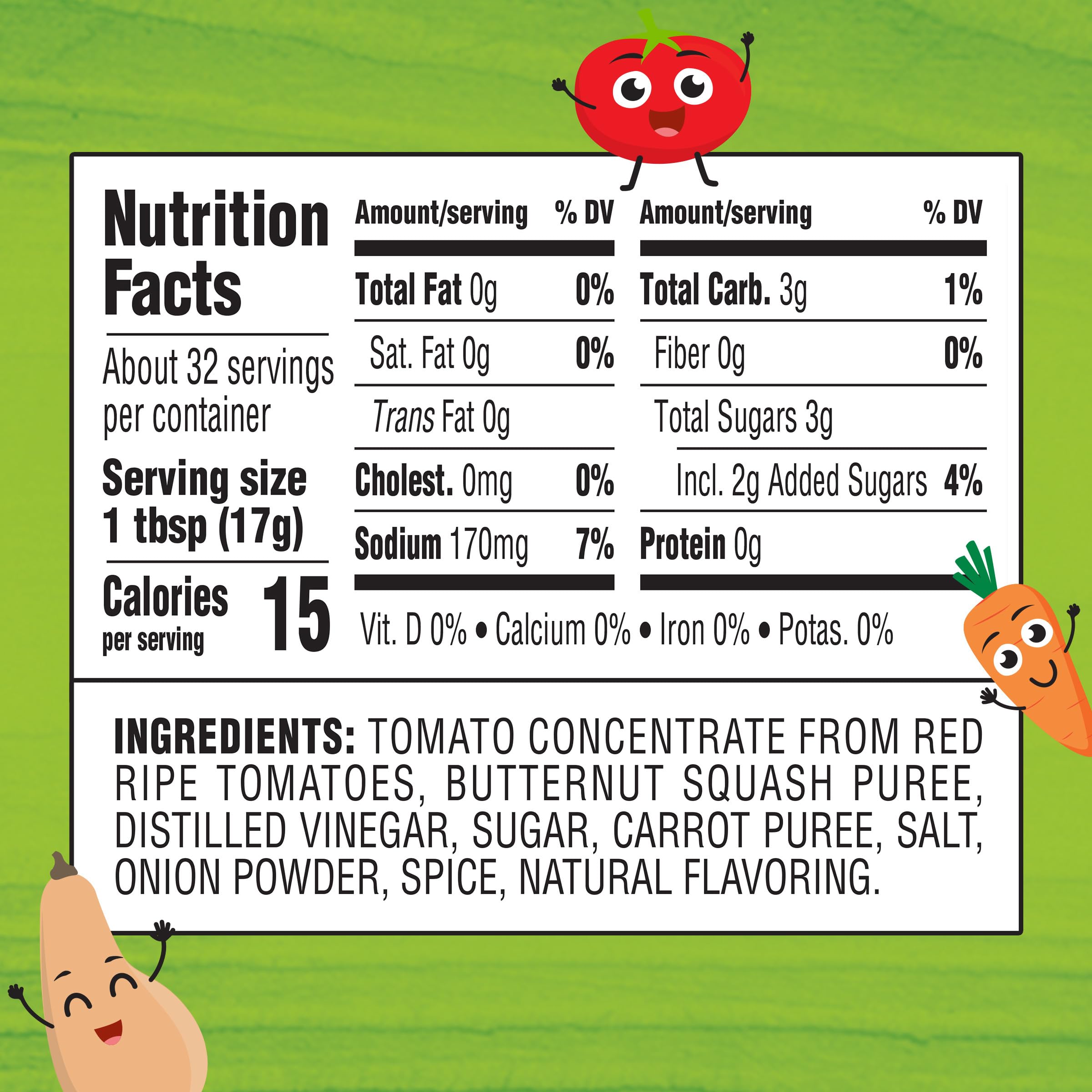 Heinz Veggies Ketchup bottle back nutrition panel highlights added vegetables