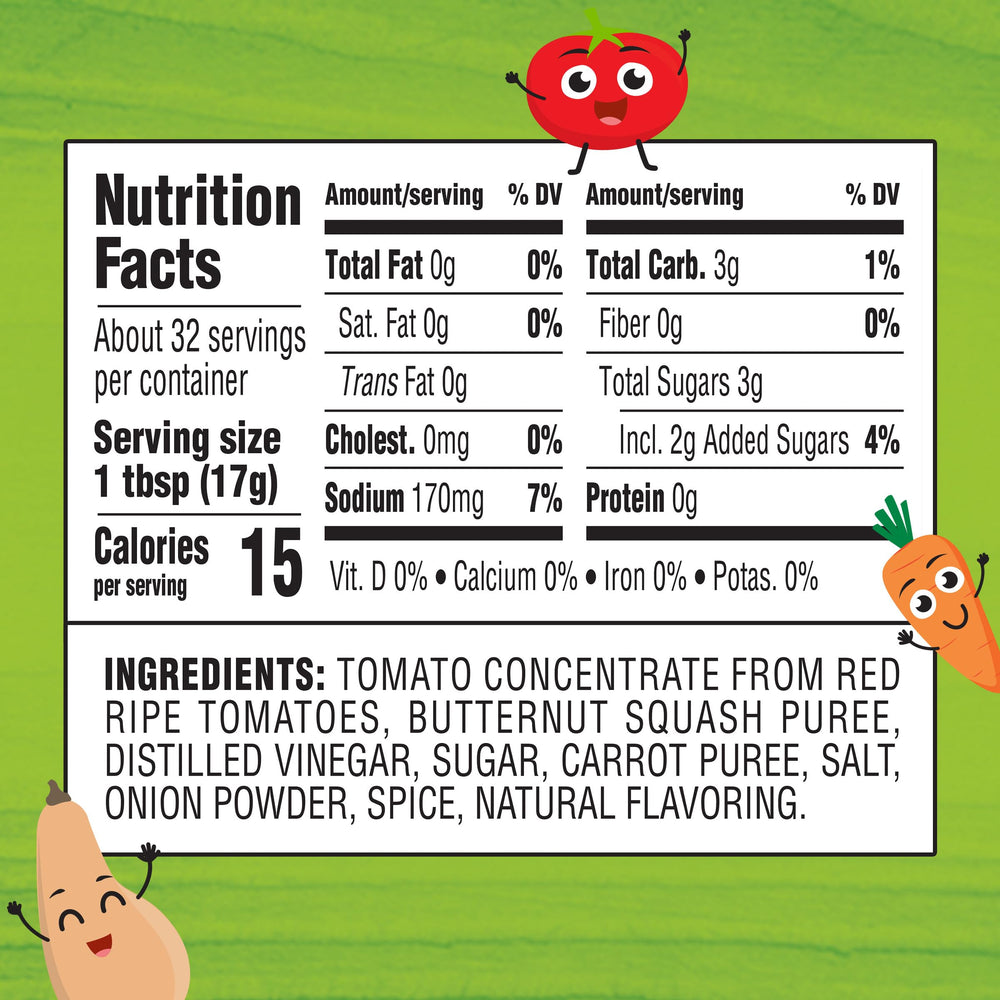 Heinz Veggies Ketchup bottle back nutrition panel highlights added vegetables