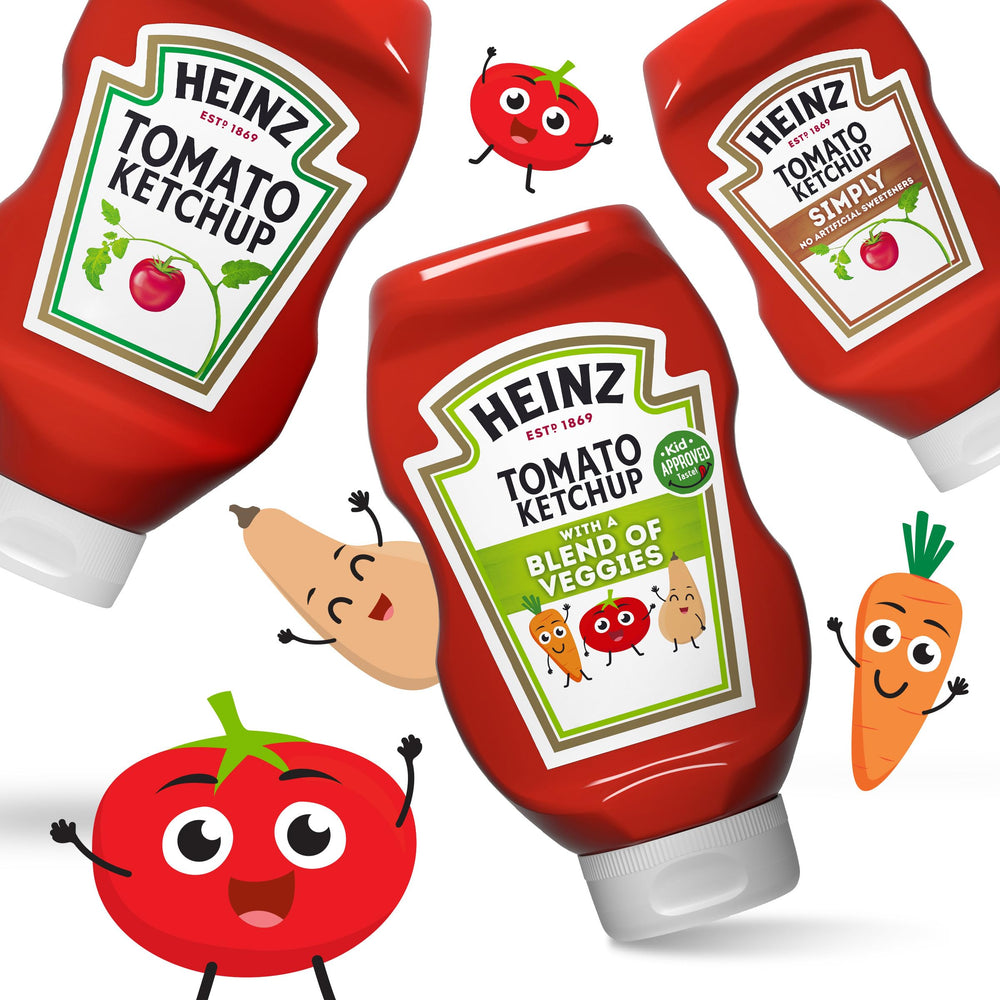 Label close-up of Heinz Veggies Ketchup showing veggie blend
