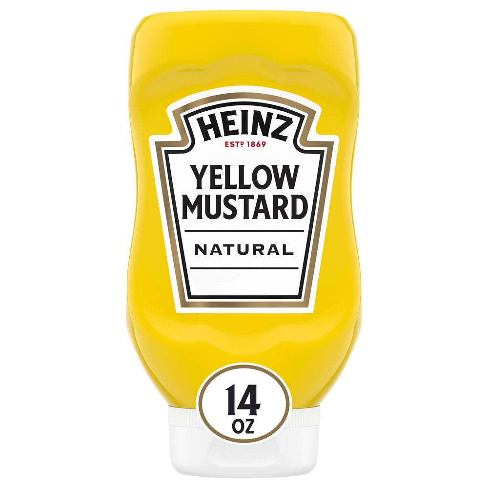 HEINZ Yellow Mustard 14oz bottle pouring for easy, mess-free use