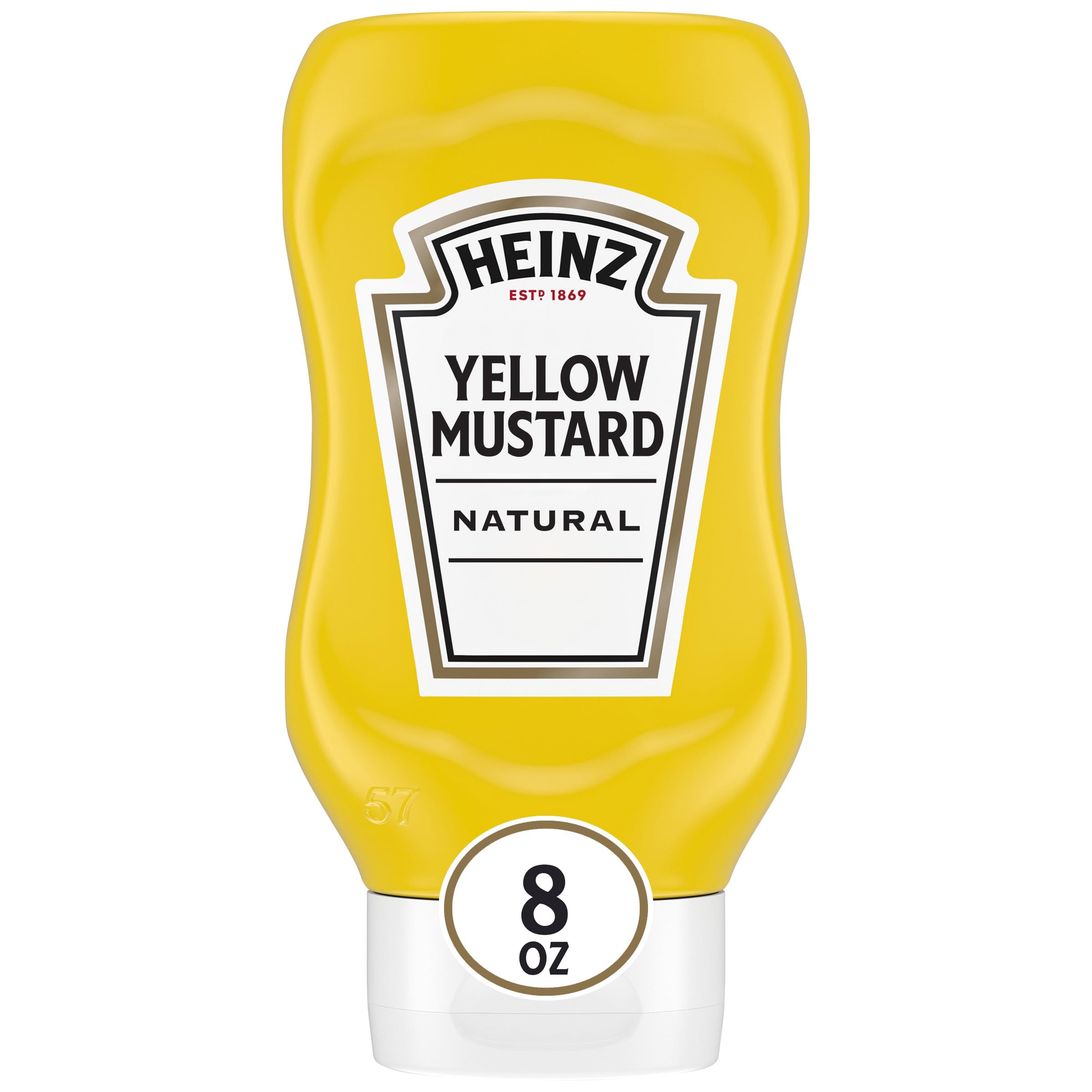 HEINZ Yellow Mustard 8 oz bottle for smooth, mess-free pouring on burgers.