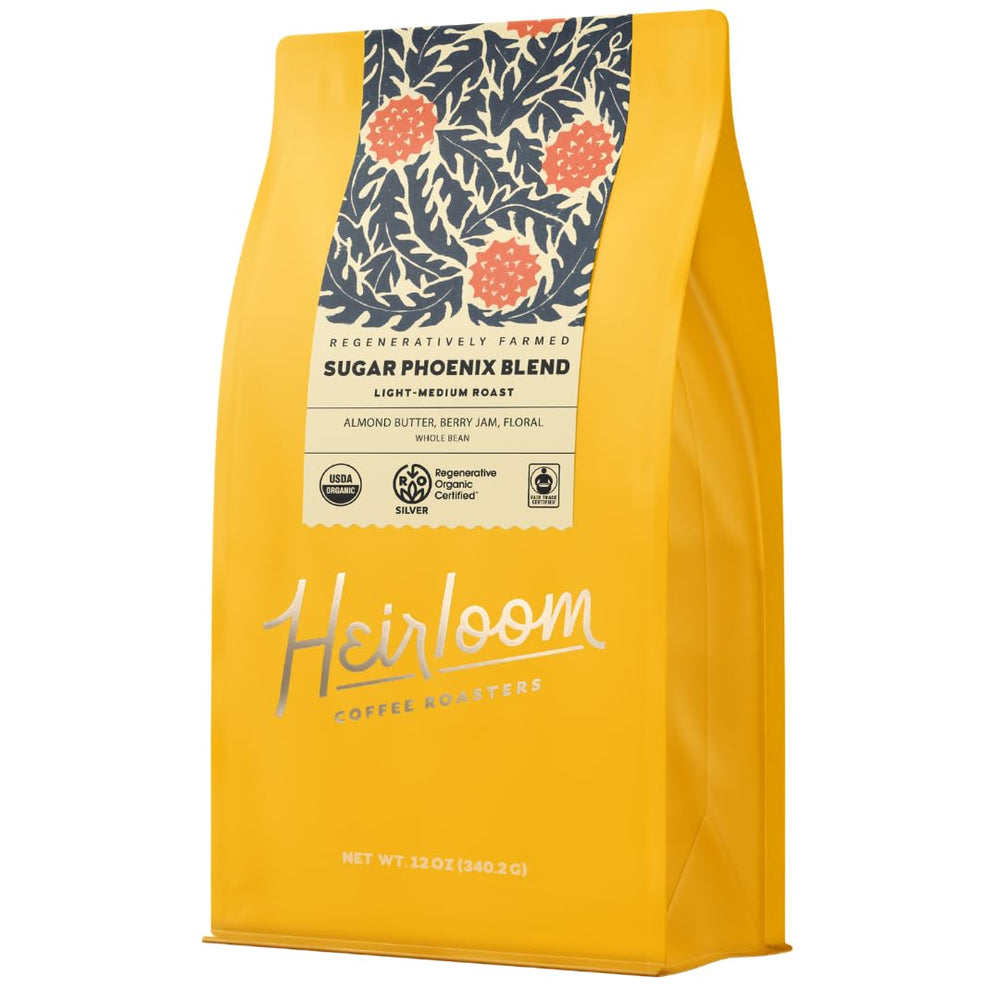 Heirloom Sugar Phoenix Blend pack shot highlighting the medium roast and packaging.