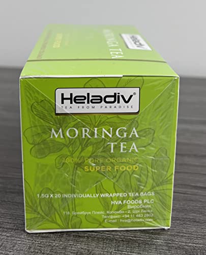 Heladiv Moringa Tea brand label emphasizing organic, caffeine-free blend for gentle daily energy.