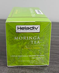 Heladiv Moringa Tea brand label emphasizing organic, caffeine-free blend for gentle daily energy.