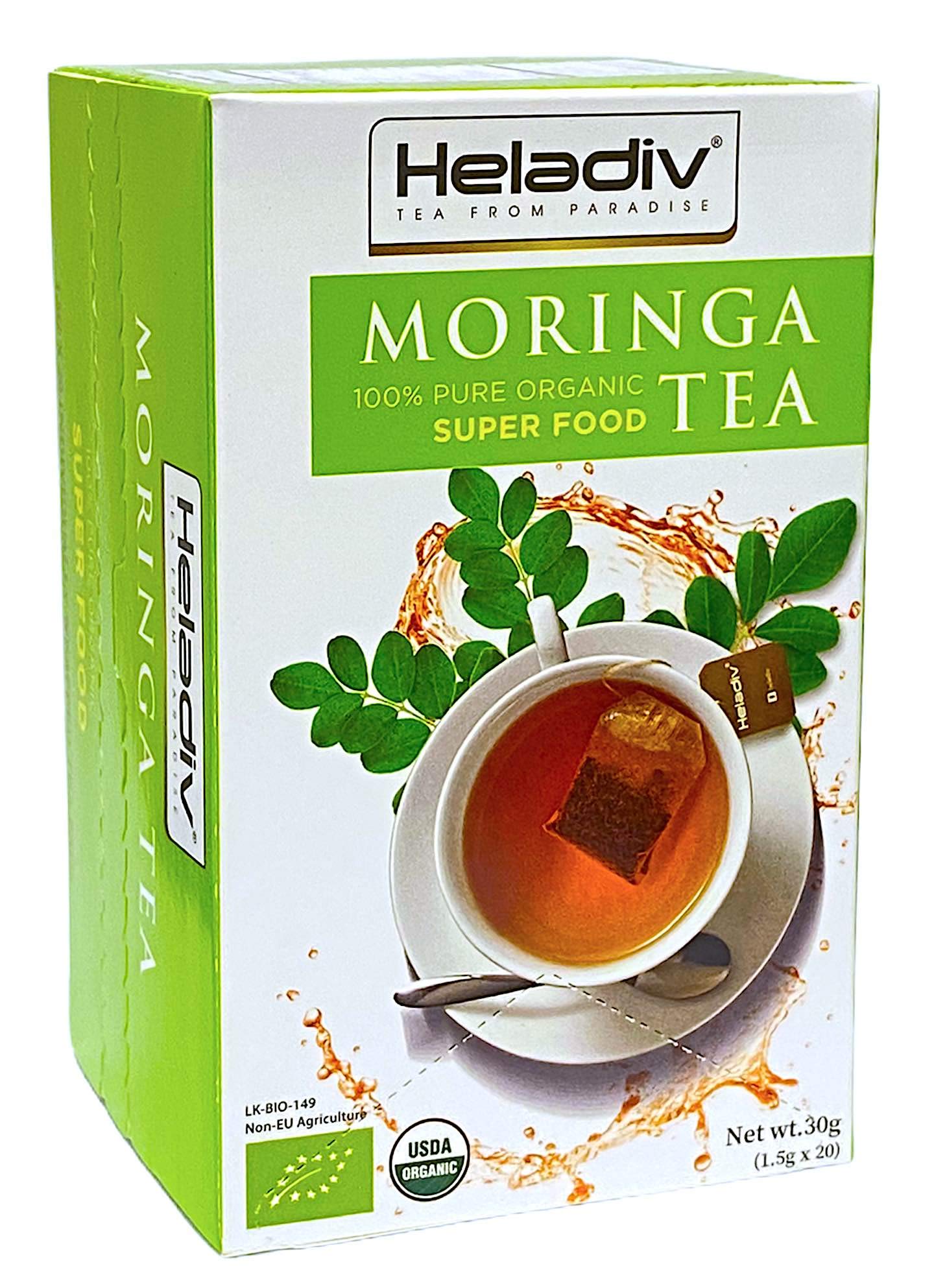 Heladiv Moringa Tea packaging box shows organic certification and premium quality.