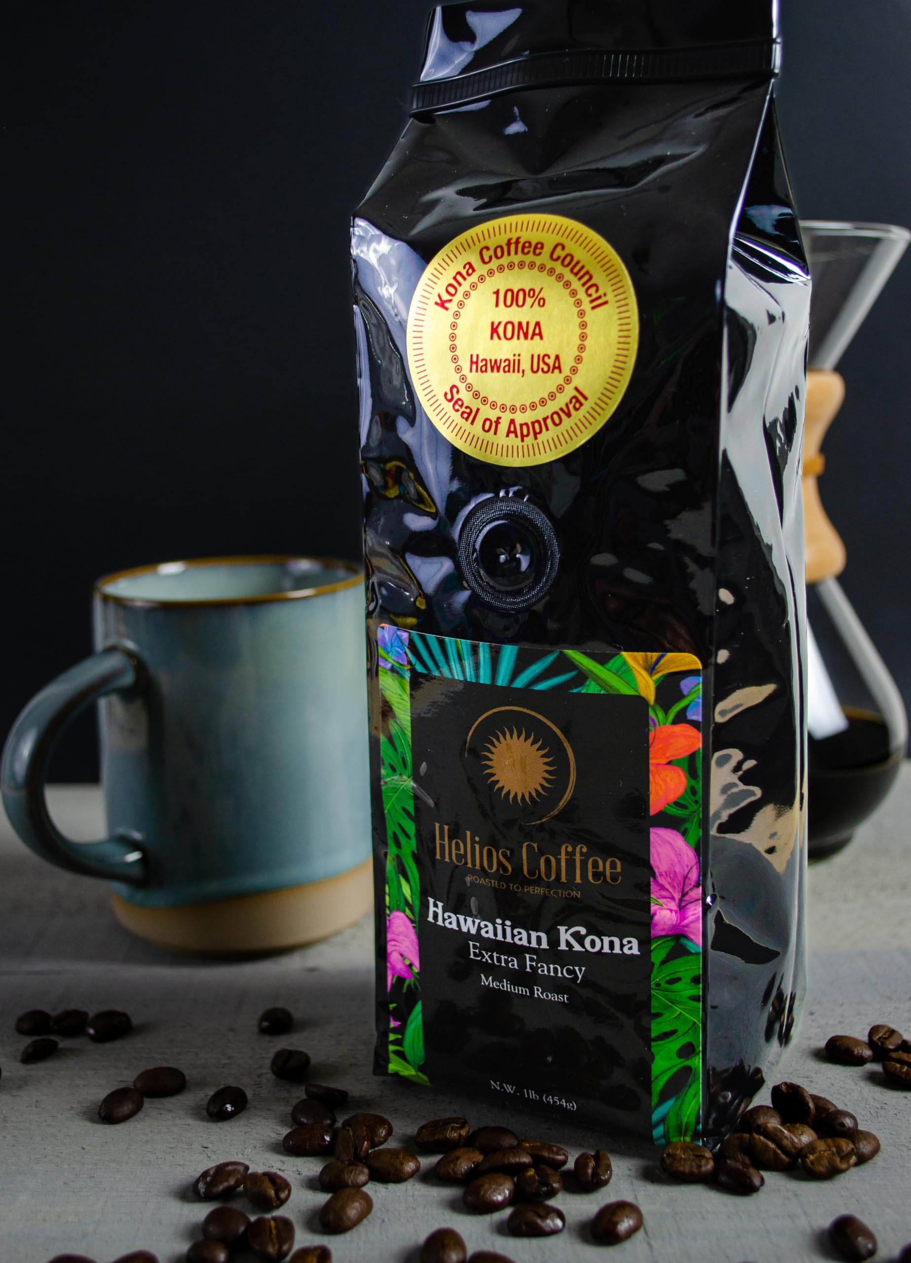 Helios Kona whole bean ideal for drip, pour-over, or French press.