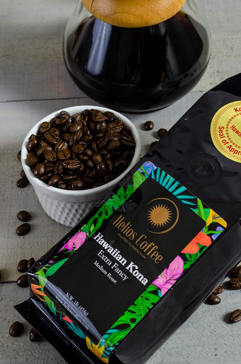 Helios Kona packaging keeps roast fresh for peak aroma.
