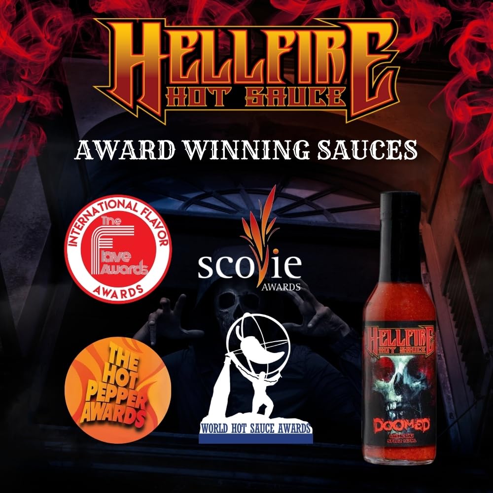 Eggs topped with Hellfire Doomed Hot Sauce for extra heat