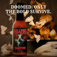 Ingredients swirl in Hellfire Doomed Hot Sauce highlighting plant-based spice