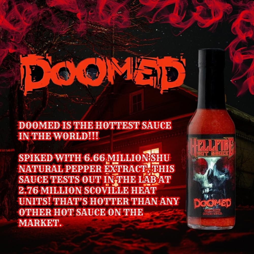Hellfire Doomed Hot Sauce label close-up highlighting heat and pepper blend