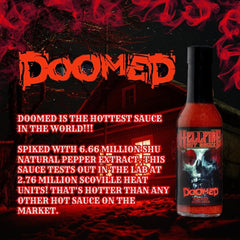 Hellfire Doomed Hot Sauce label close-up highlighting heat and pepper blend