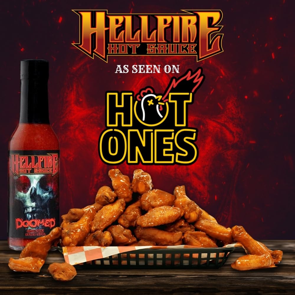 Pizza slice complemented by Hellfire Doomed Hot Sauce