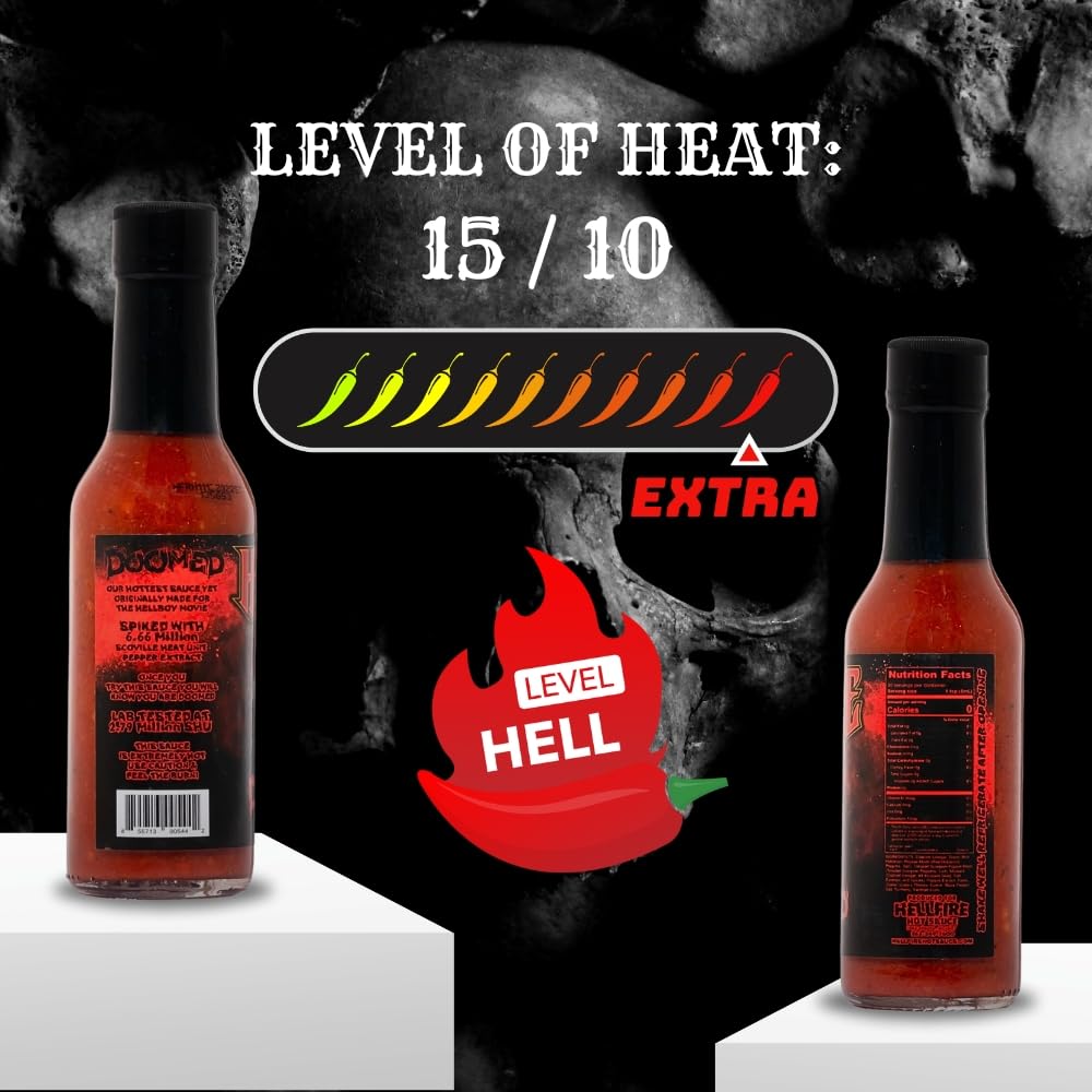Pour shot of Hellfire Doomed Hot Sauce for a spicy kick