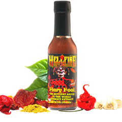 Hellfire Fiery Fool bottle ready to heat up wings and tacos.