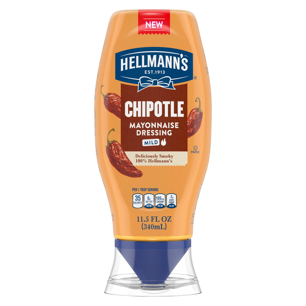 Hellmann's Chipotle Mayonnaise Dressing bottle boosts smoky flavor for everyday meals.