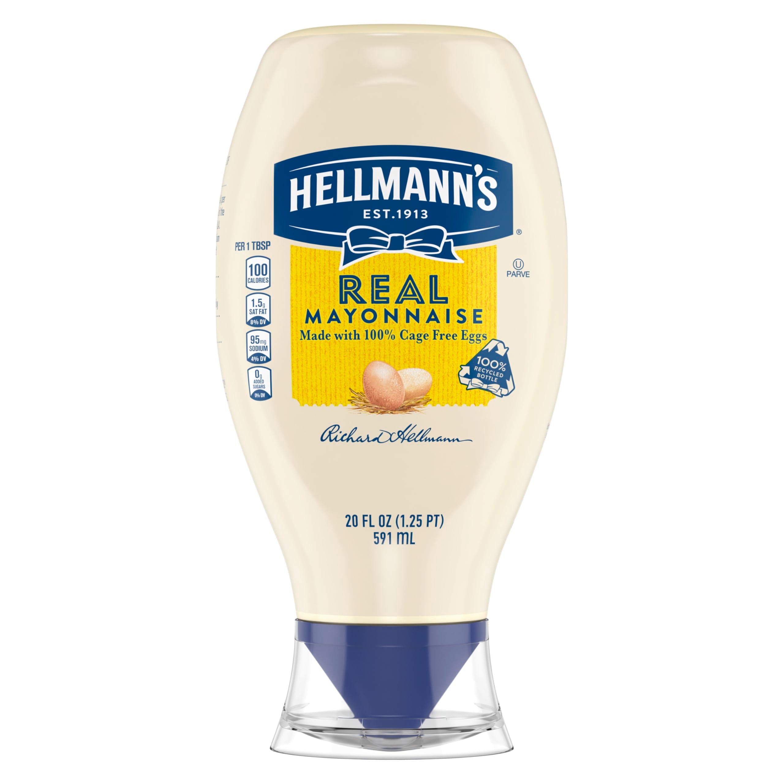 Hellmann's Real Mayonnaise squeeze bottle front view for easy dispensing on sandwiches.