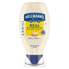 Hellmann's Real Mayonnaise squeeze bottle front view for easy dispensing on sandwiches.