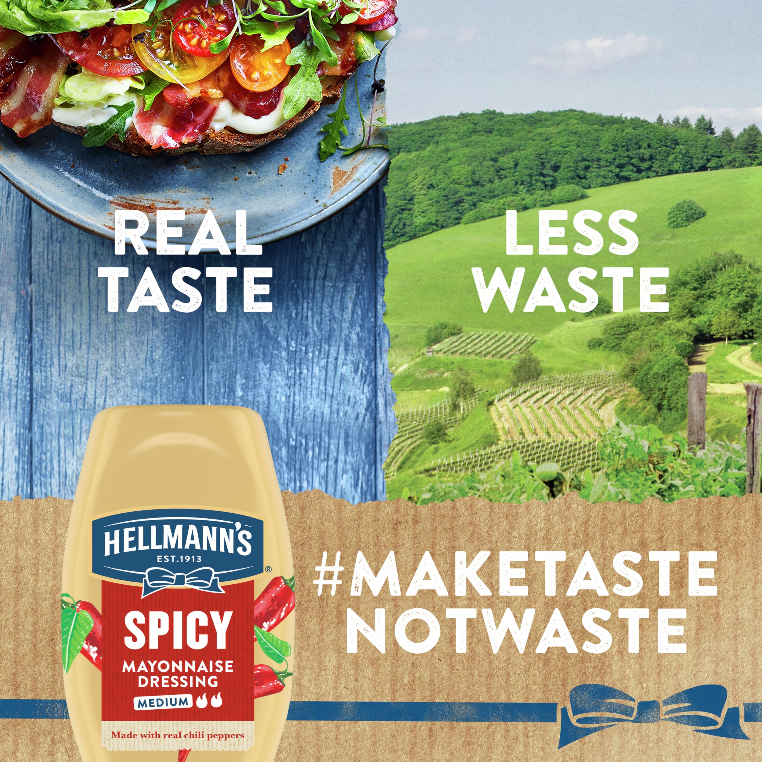 Hellmann's Spicy Mayonnaise Dressing pour action drizzled over a burger topping