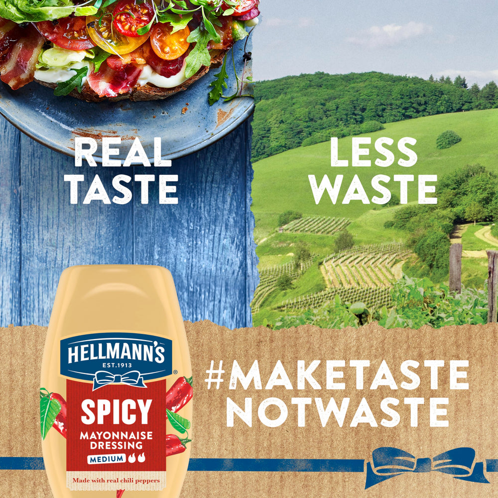 Hellmann's Spicy Mayonnaise Dressing pour action drizzled over a burger topping