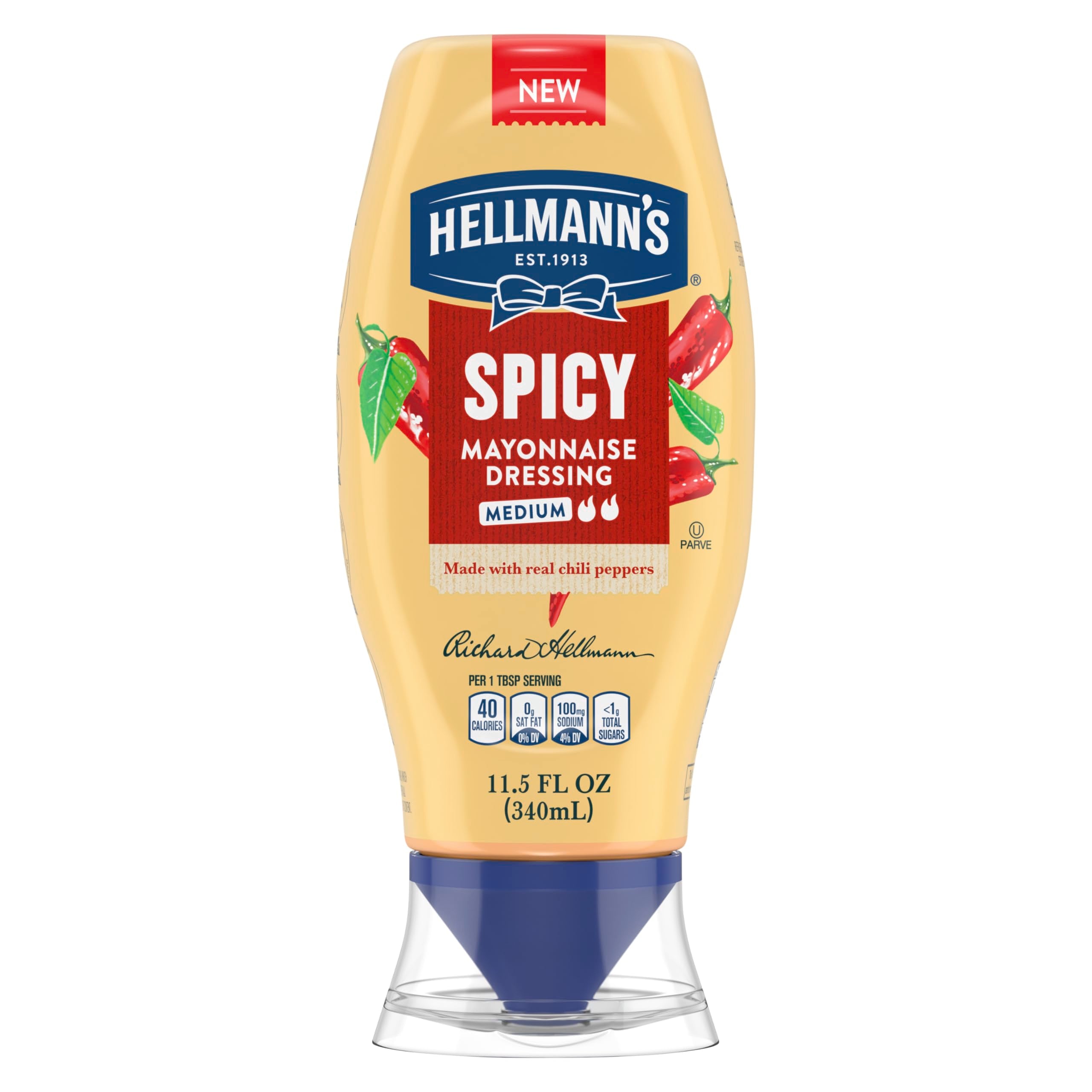 Hellmann's Spicy Mayonnaise Dressing front bottle shows creamy texture with real chili peppers for sandwiches
