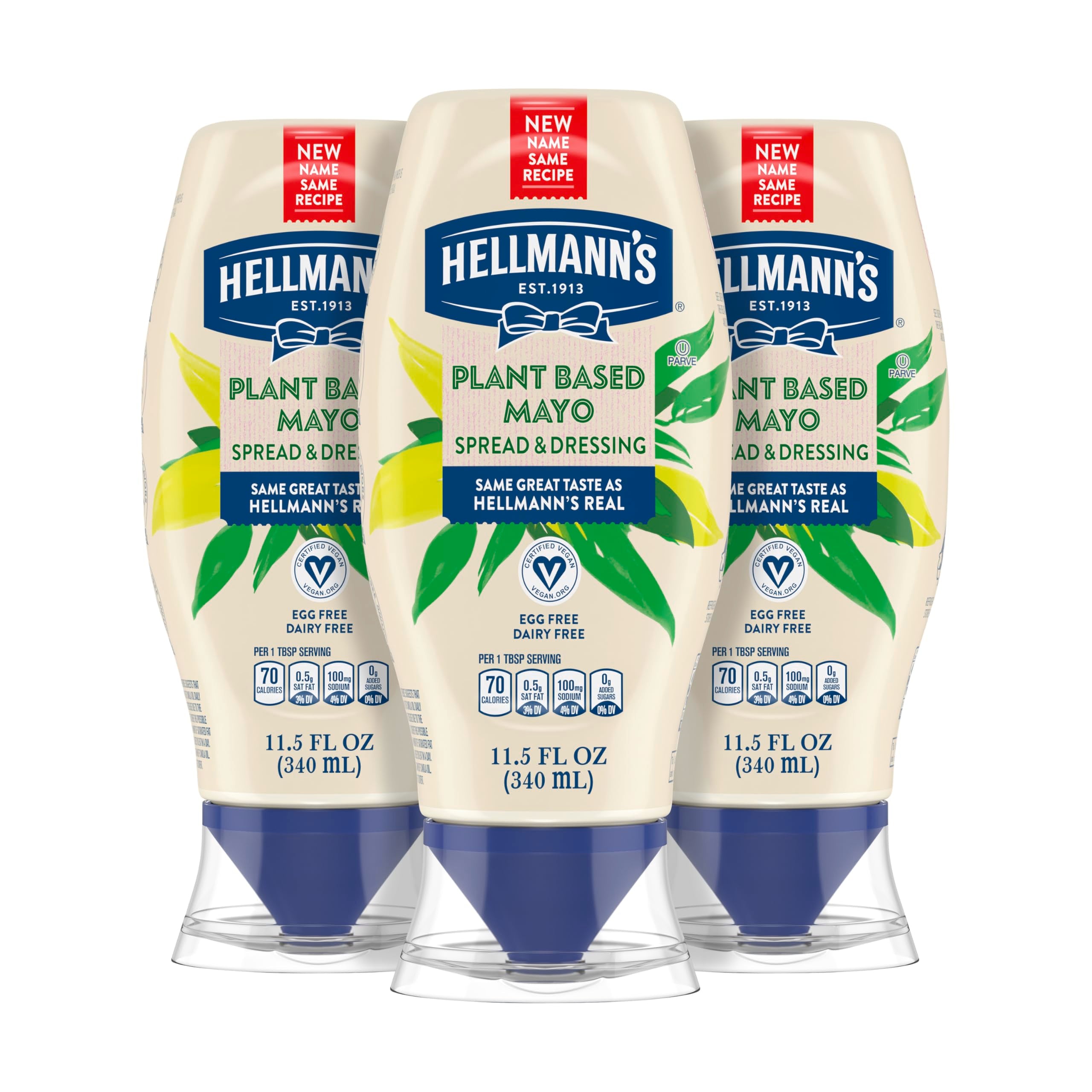 Hellmann's Vegan Dressing & Spread bottle pouring for a plant-based sandwich.