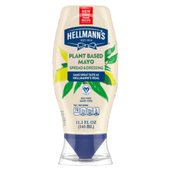 Hellmann's Vegan Dressing & Spread bottle pour shows creamy plant-based mayo alternative