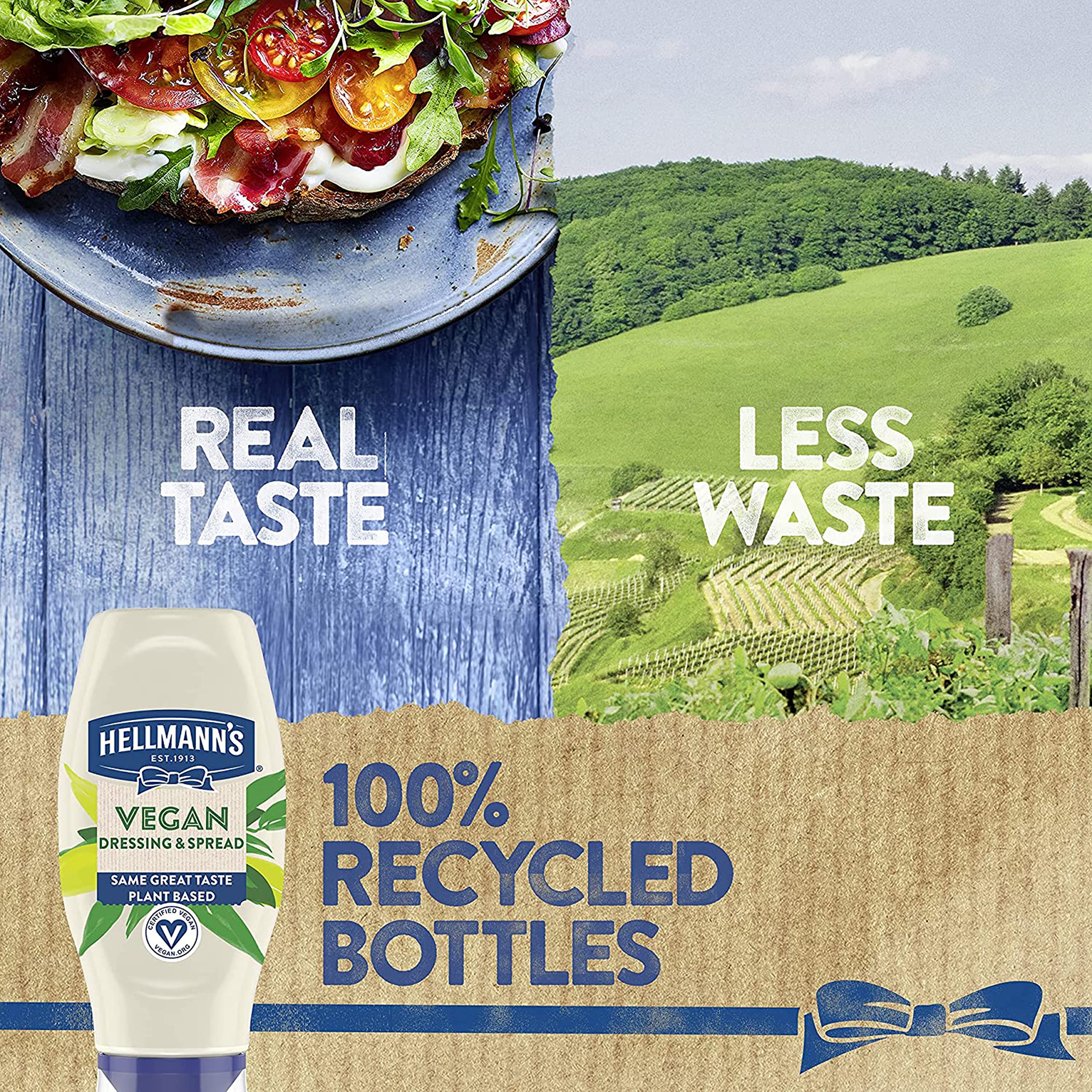 Hellmann's Vegan Dressing & Spread label highlights gluten-free and egg-free features.