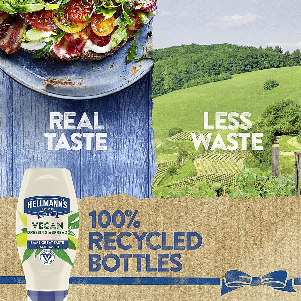 Hellmann's Vegan Dressing & Spread label highlights gluten-free and egg-free features.