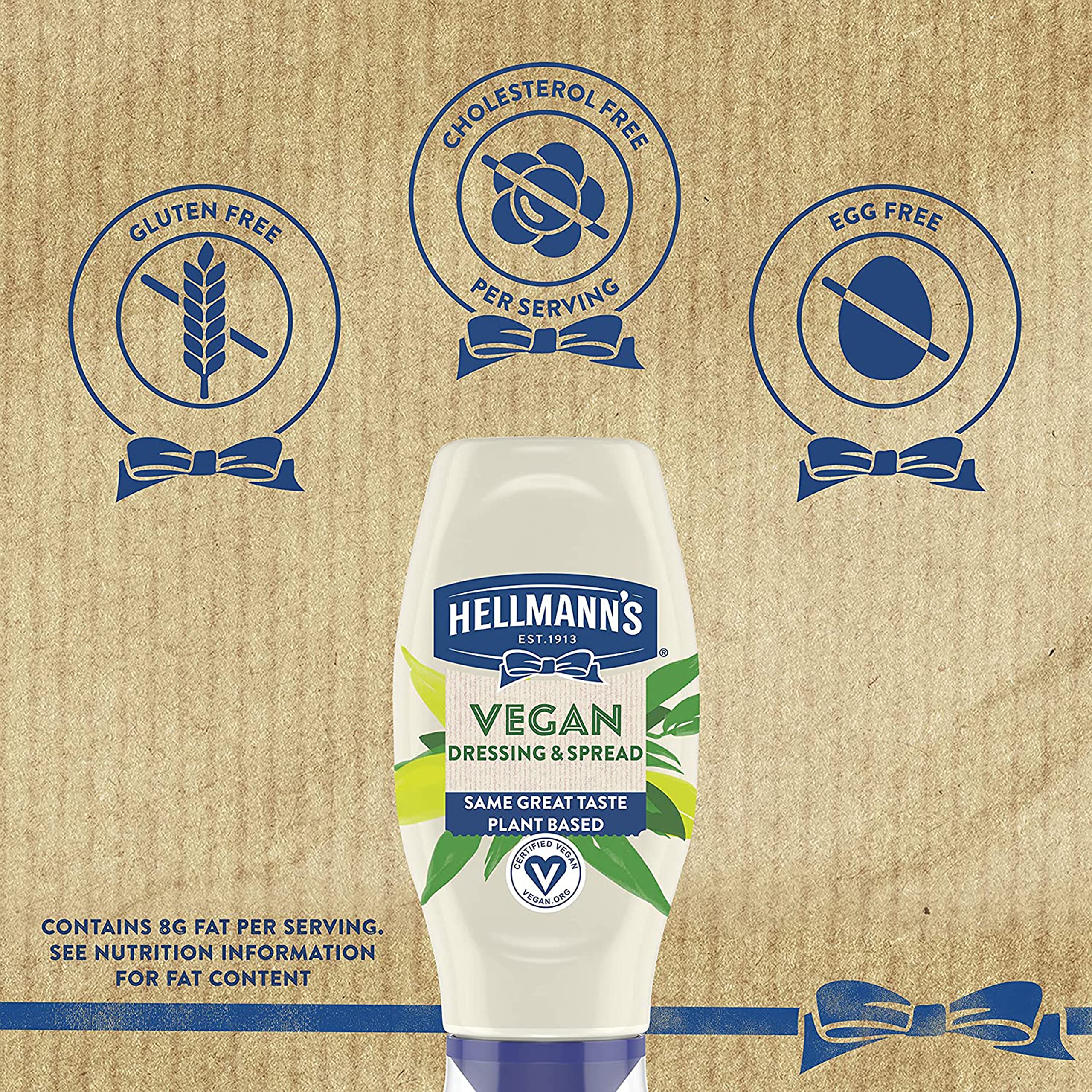 Hellmann's Vegan Dressing & Spread packaging rests on a kitchen counter.