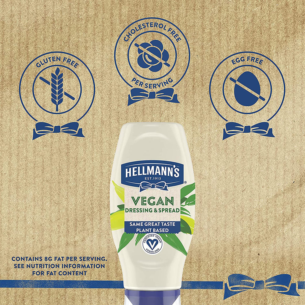 Hellmann's Vegan Dressing & Spread packaging rests on a kitchen counter.