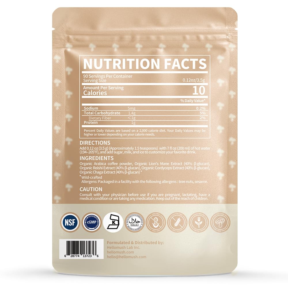 Hellomush canister packaging highlights the organic mushroom blend.