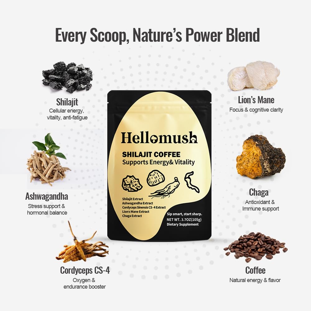 Hellomush Chaga and Ashwagandha herbs brew highlights antioxidant balance.