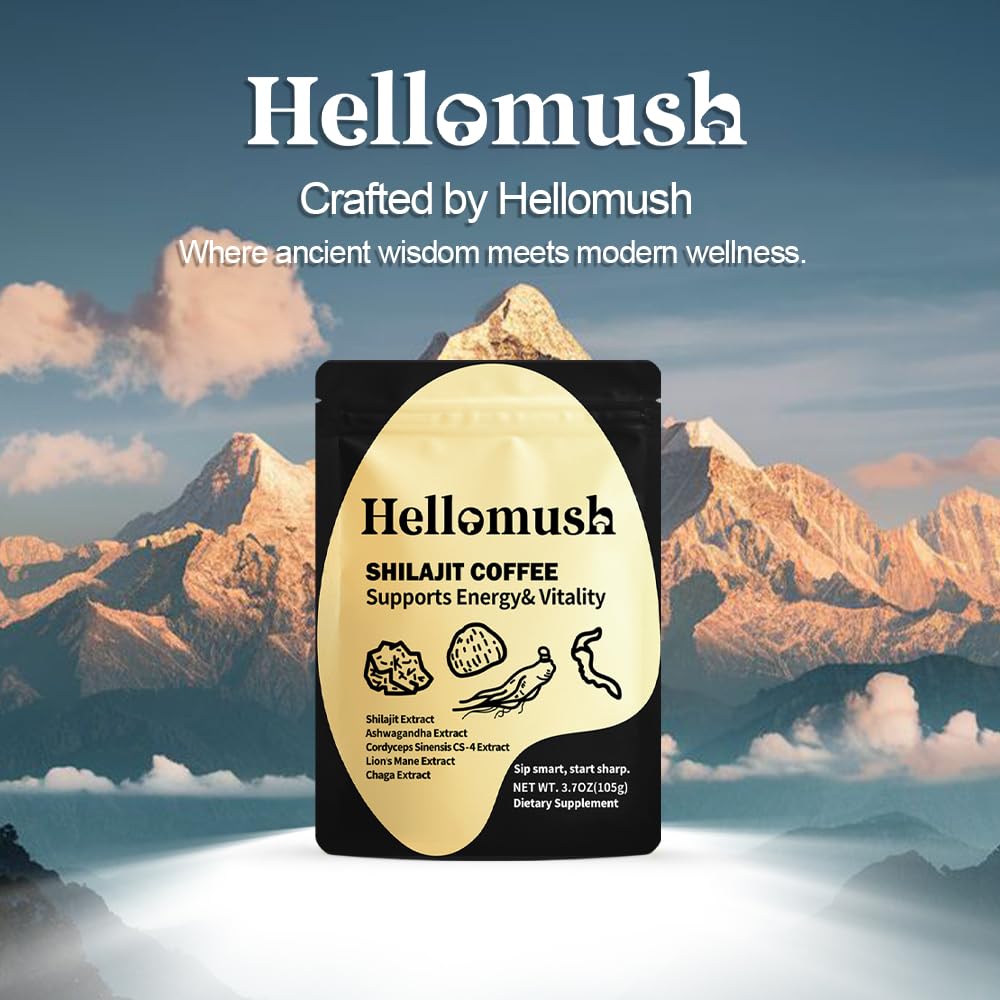 Hellomush Himalayan Shilajit purity label emphasizes premium quality.