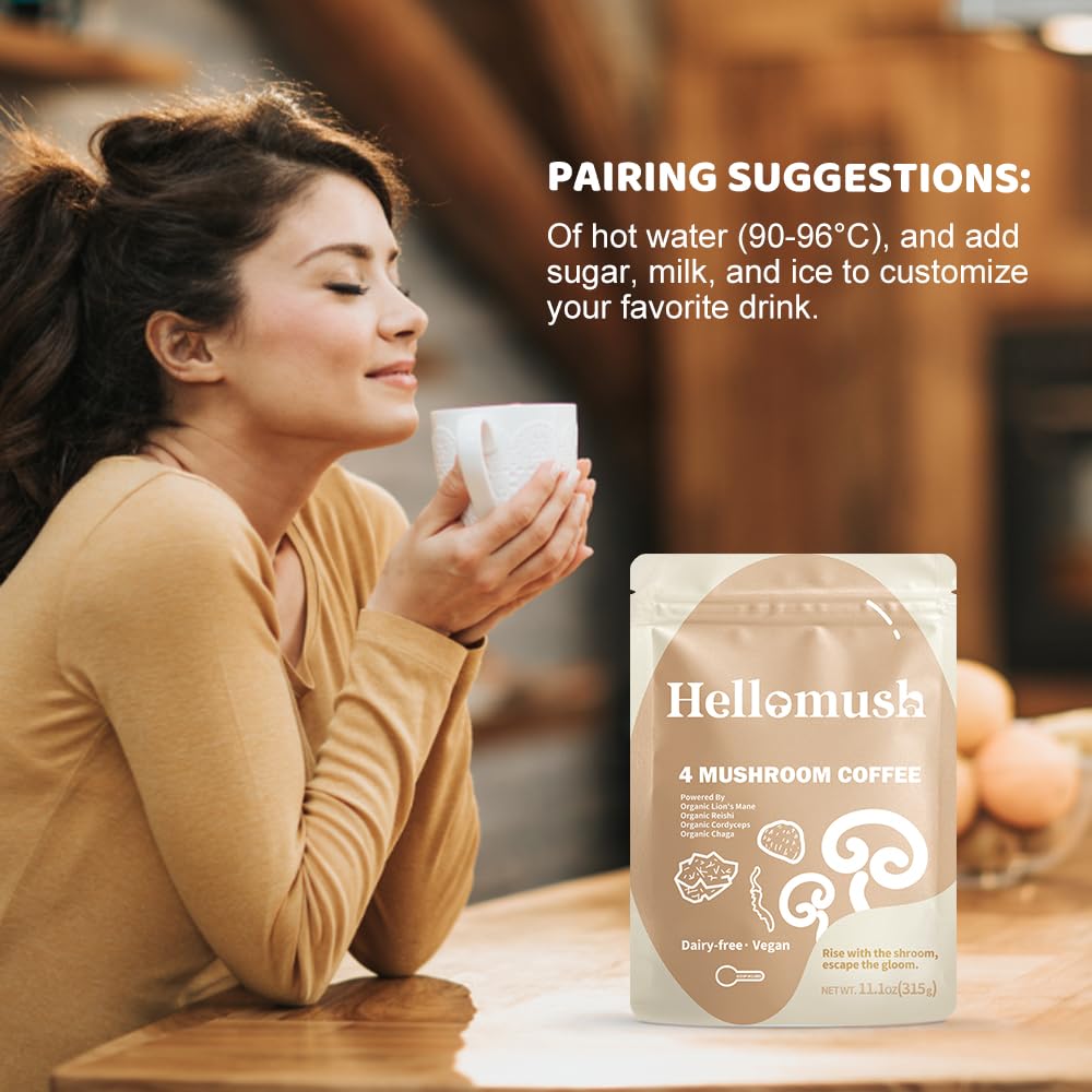Hellomush ingredient panel explains the four mushroom varieties.