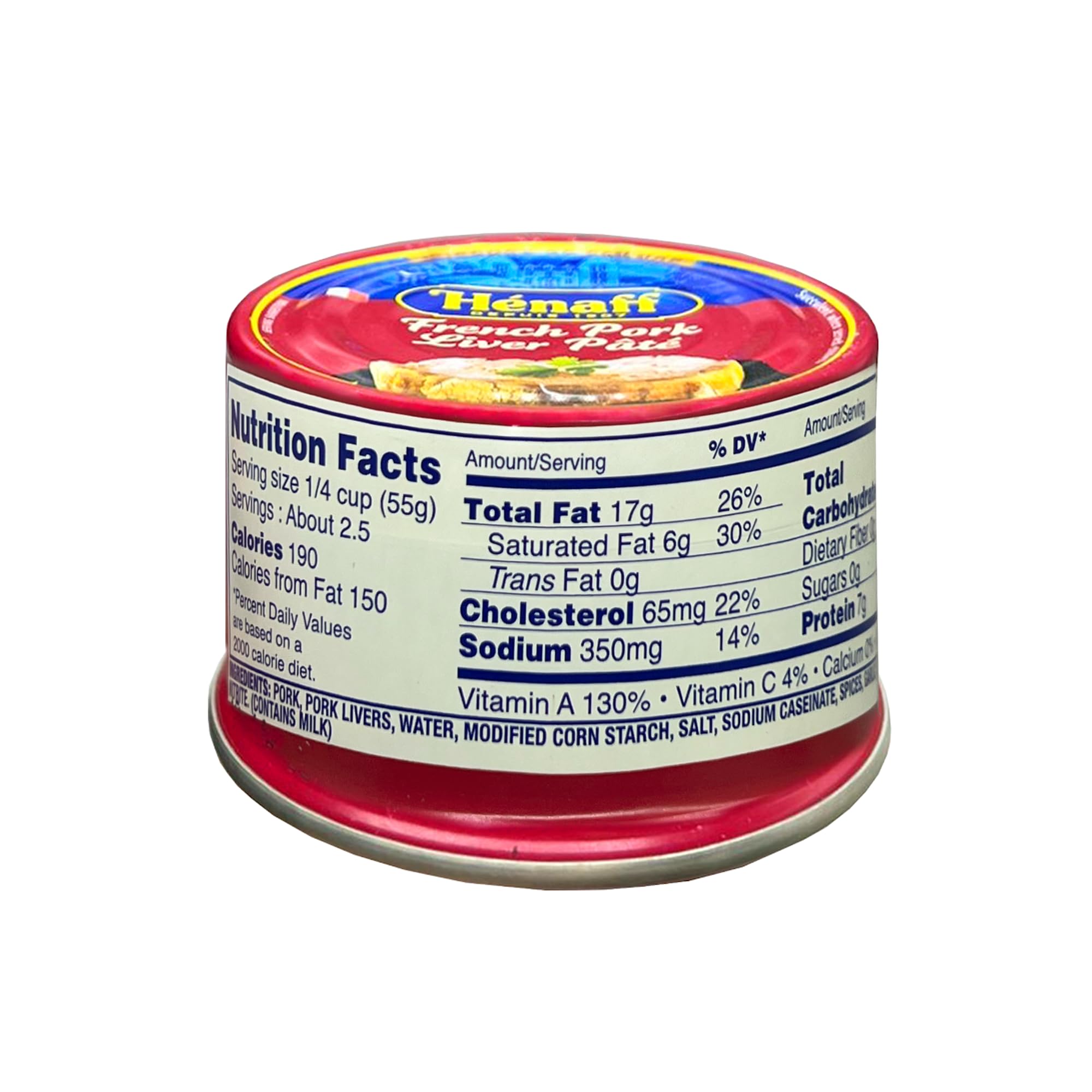 Closeup of Hénaff pâté packaging highlighting premium ingredients.