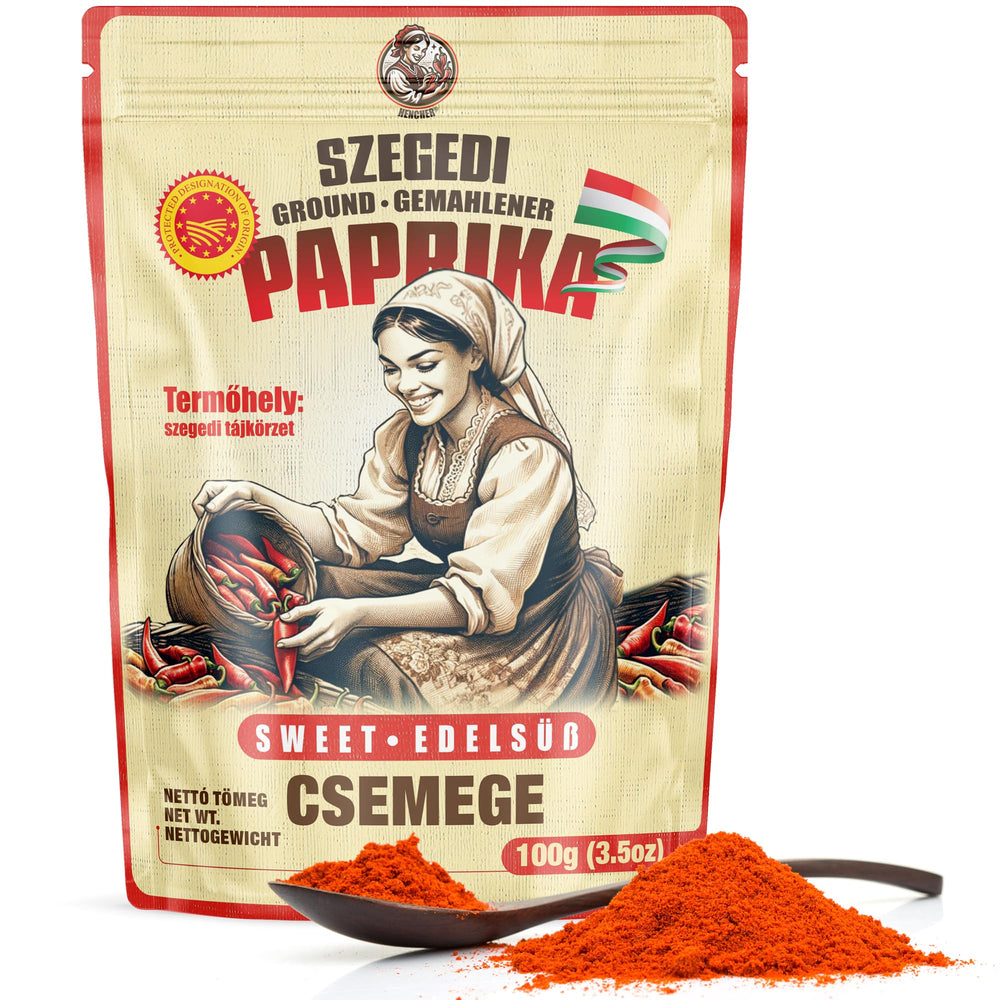 Hencher Szeged paprika packaging shows authentic flavor for traditional dishes.